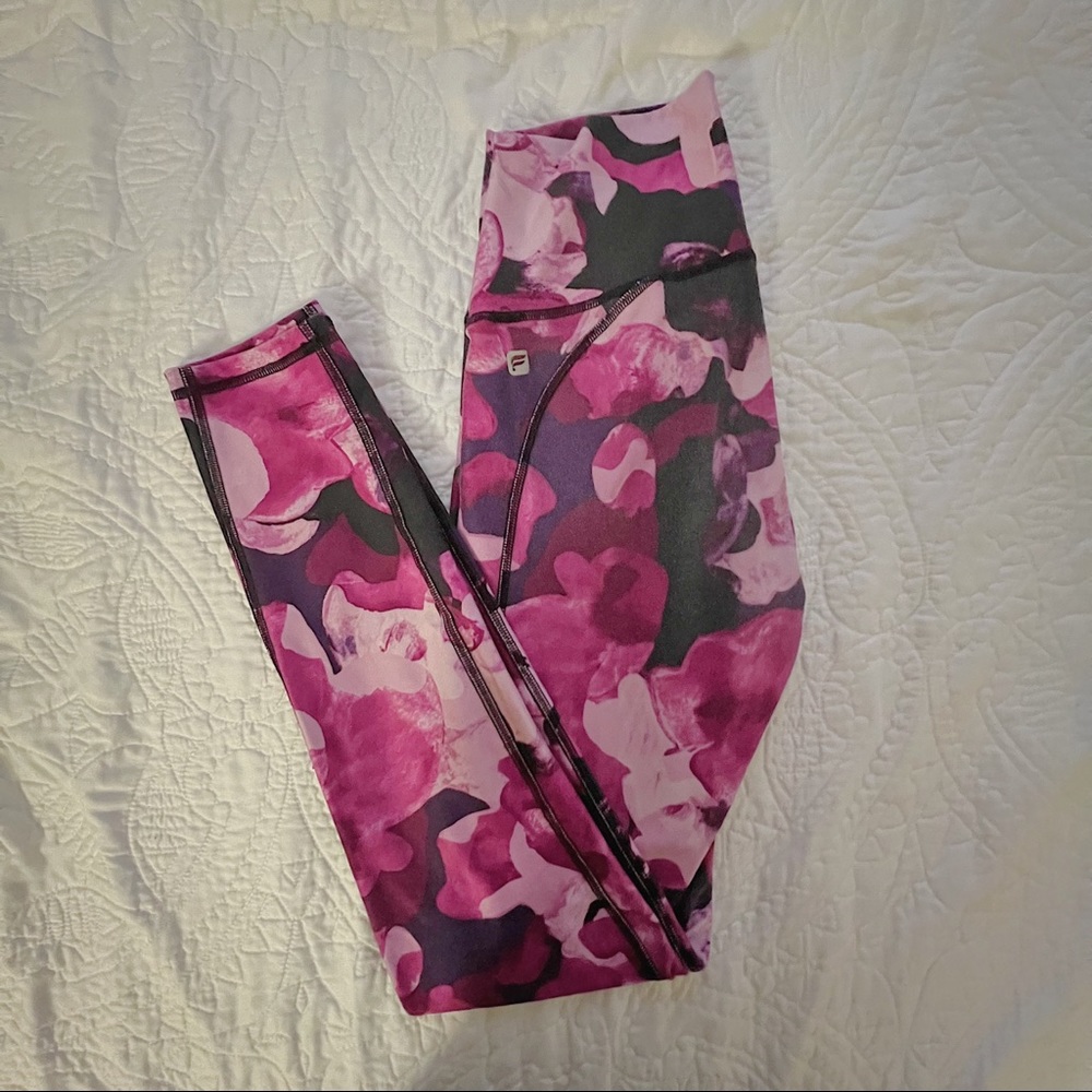 Pink, purple, and black high waisted fabletics leggings